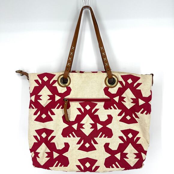 Lucky Brand Aztec Print Southwest Red and Cream Large Cotton Tote Shoulder Purse - Picture 2 of 12
